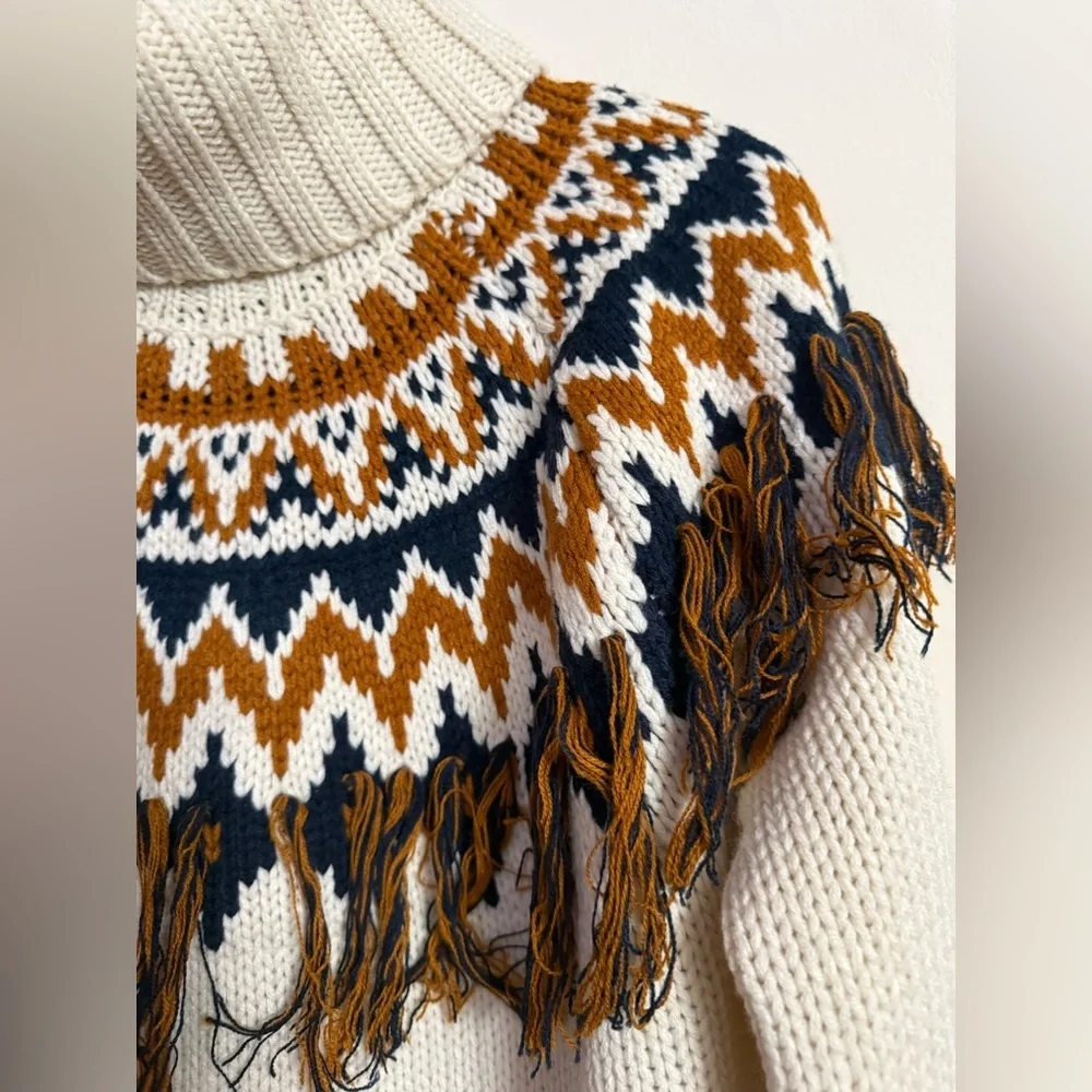 Forever 21 Cream Navy Blue Nordic Boho Fair Isle Fringe Sweater Women’s Sz M - Picture 7 of 8